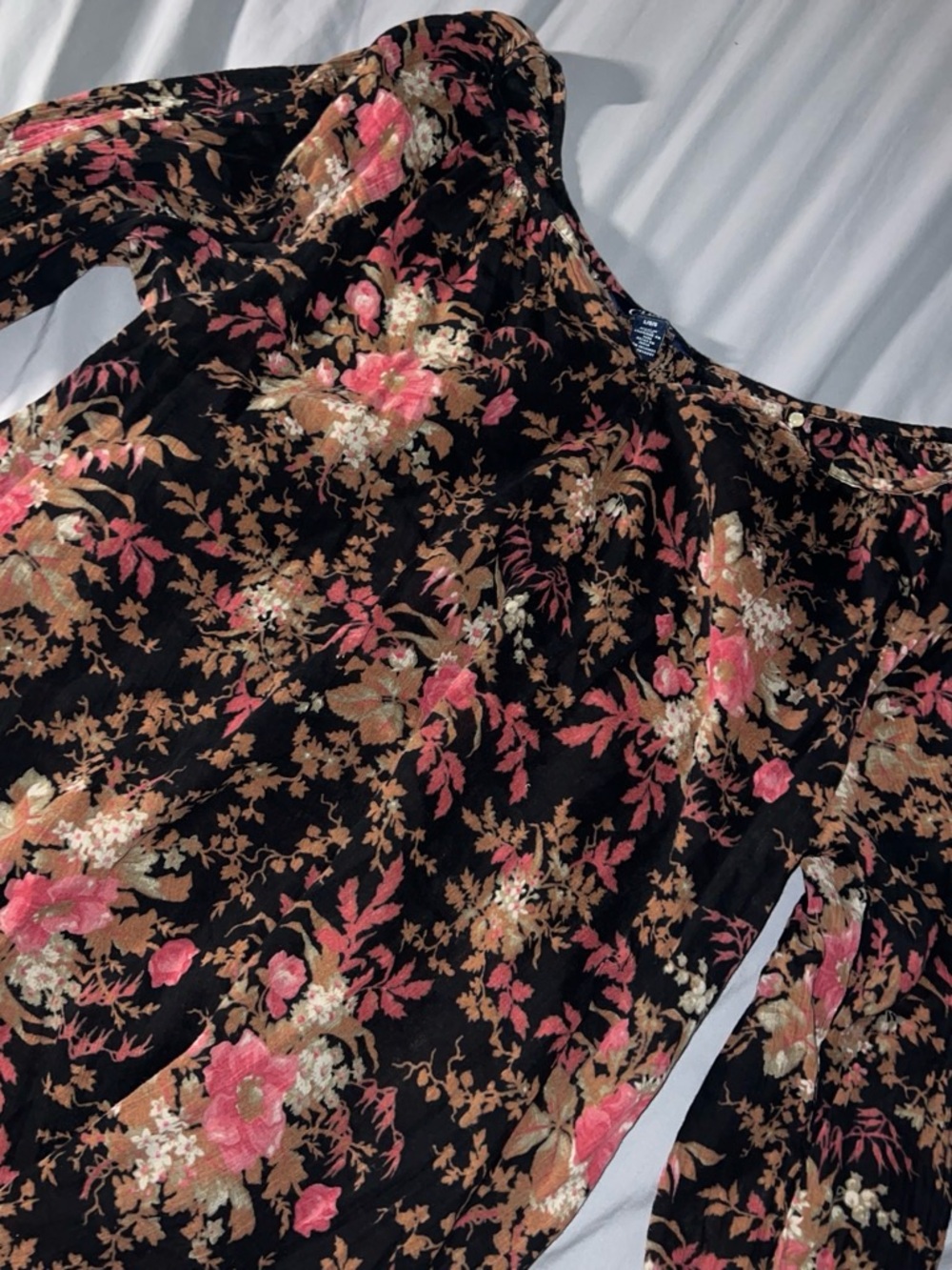 Chaps Black Off-Shoulder Floral Blouse with Pink & Tan Accents